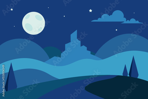 Crescent moon over blue mountains night landscape