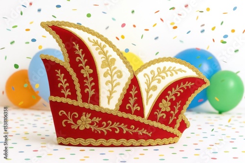 Karnevalsmütze mit bunten Luftballons und Konfetti