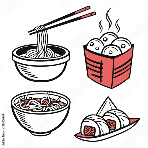 Vector illustration featuring a selection of japanese food items including noodles sushi and dumplings depicted in a vibrant style