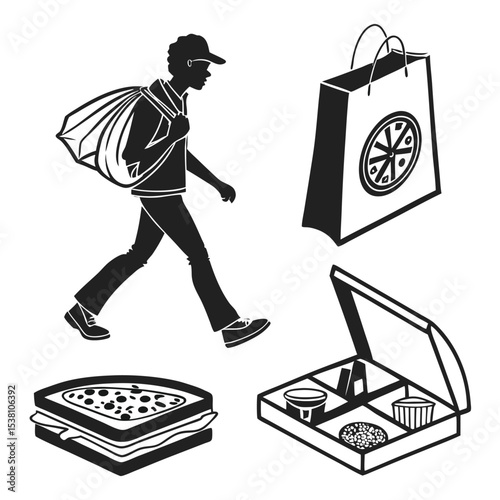 Courier delivering food order from a restaurant featuring pizza sandwich and assorted delicious treats in black and white