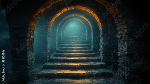A captivating underground staircase leads to a mysterious, illuminated archway, creating an enchanting atmosphere of exploration.