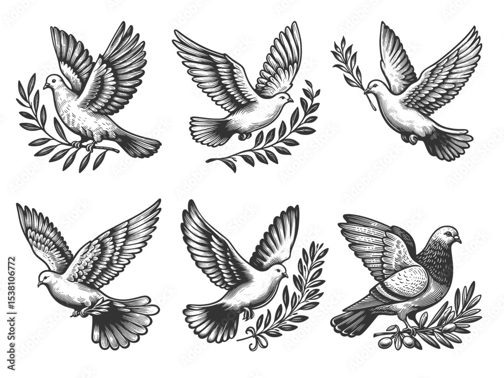 Obraz premium dove in flight with olive branch symbolizing peace Set collection bundle sketch engraving generative ai vector illustration. Scratch board imitation. Black and white image.