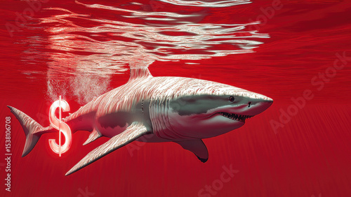 A great white shark swims in a surreal underwater scene, with a red background and a dollar sign symbolizing the cost of danger.