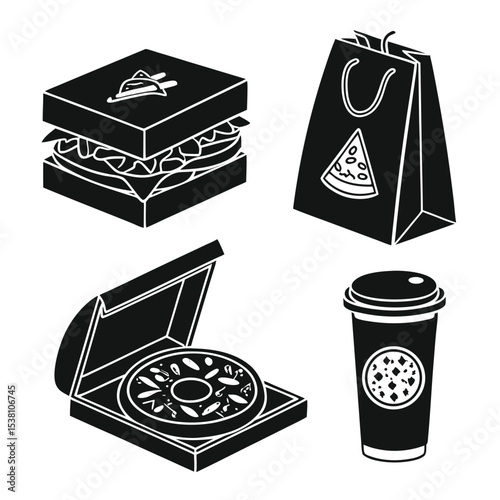 Black and white vector illustration of takeaway food items including sandwich pizza coffee and pizza slice bag