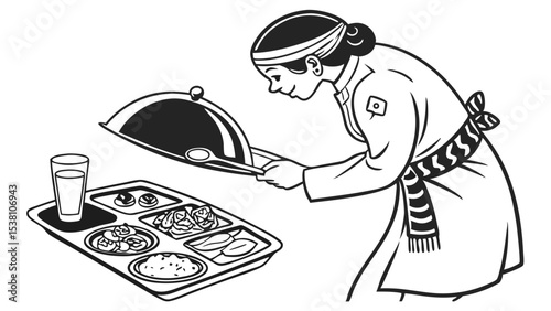 Vintage illustration of a female cafeteria worker opening a food tray in a retro styled design.