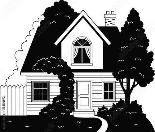 Charming suburban house illustration, front yard with tree, cottage style home design, black and white drawing, residential exterior, cozy neighborhood, family living concept