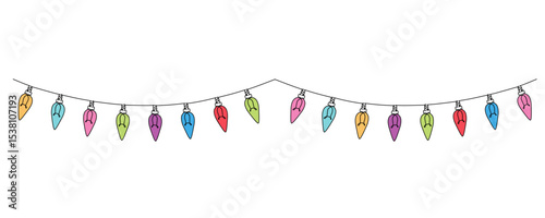One continuous line drawing of Christmas garland with light bulbs.Birthday and jubilee party decoration in simple linear style eps 10