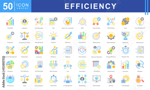 Icon set representing key concepts in Business Efficiency, resource utilization, time management, process improvement, and performance optimization.