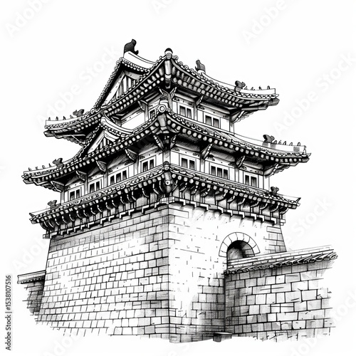 Sketch illustration of a Korean royal palace. Asian style palace isolated on white background