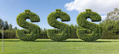 Green hedge sculptures shaped like dollar signs in a sunny landscape, representing wealth and prosperity.