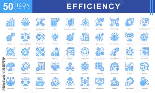 Icon set representing key concepts in Business Efficiency, resource utilization, time management, process improvement, and performance optimization.