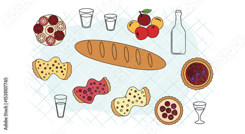 A delightful arrangement of pastries fruits and breads showcased on a picnic backdrop