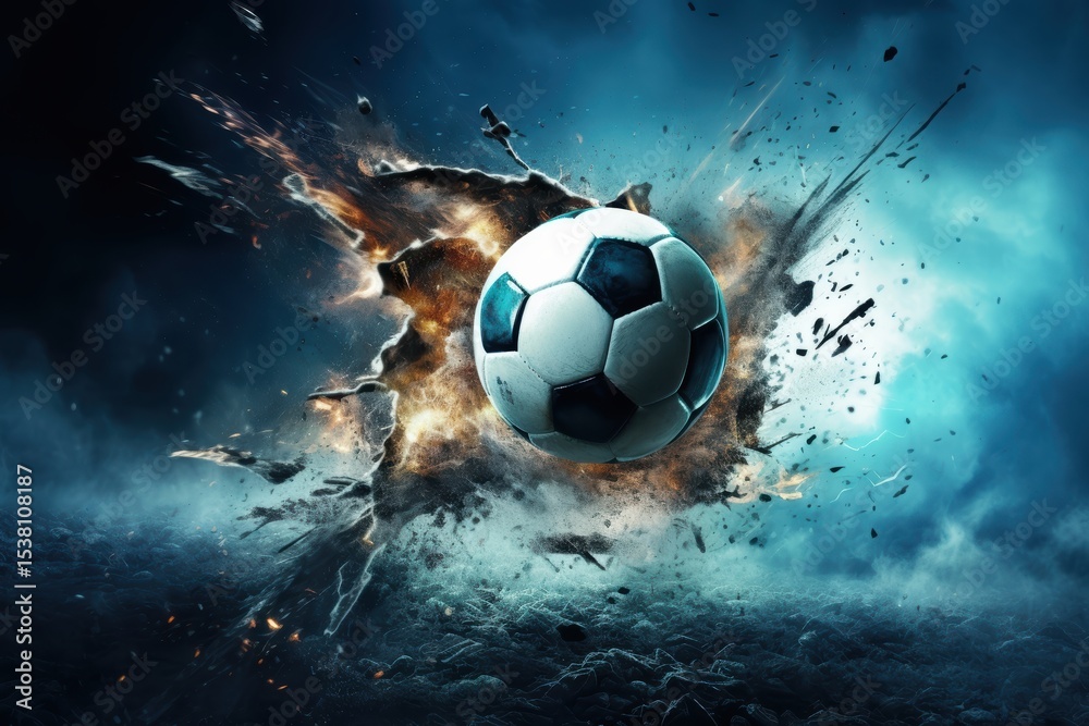 Fototapeta premium Soccer ball bursts through a dramatic explosion in a vibrant atmosphere at a nighttime field