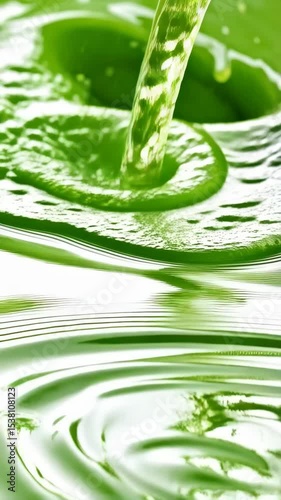 Bright green liquid being poured creating splash and bubbles, offering a refreshing and vibrant close up texture with white background.