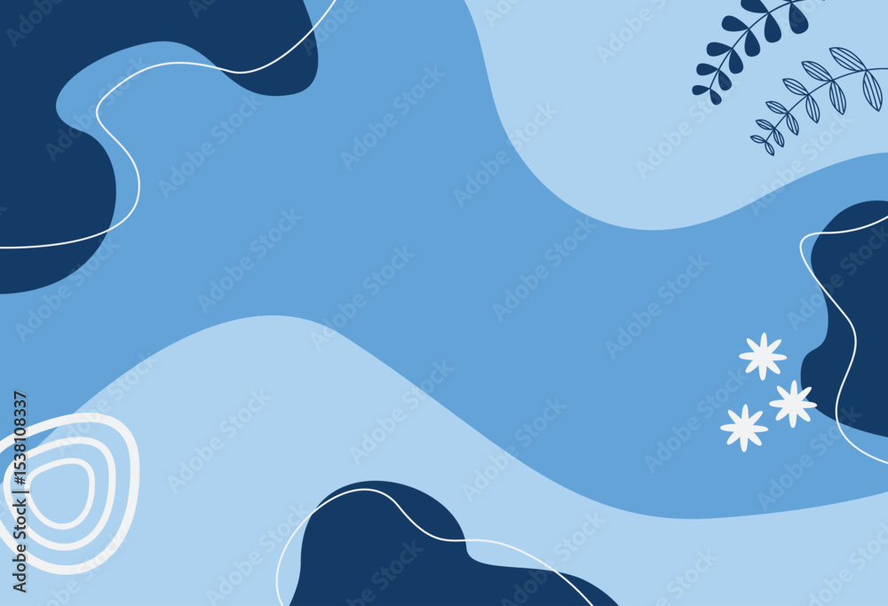 Naklejka premium Beautiful abstract design featuring organic shapes in shades of blue and decorative leaf accents, creating a modern and minimalistic aesthetic suitable for various creative and decorative projects.