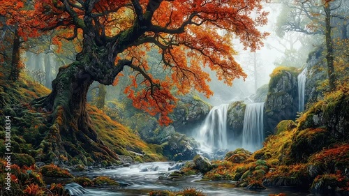 Autumnal forest waterfall scene. Majestic tree with vibrant fall foliage, cascading waterfall, and misty mountain stream. Lush greenery and rocky terrain