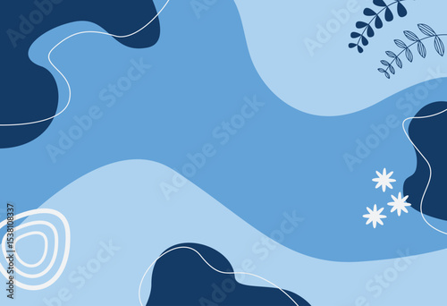 Beautiful abstract design featuring organic shapes in shades of blue and decorative leaf accents, creating a modern and minimalistic aesthetic suitable for various creative and decorative projects.