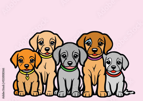 035-21-Five cute puppies are sitting together, wearing colorful collars, against a solid pink background. Hand-drawn illustration