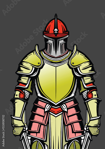 035-25-Powerful medieval warrior wearing full body armor, holding swords, ready for battle. Hand-drawn illustration