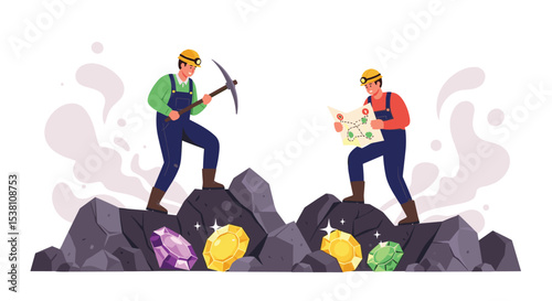 Two Miners With Pickaxe and Map Searching for Gemstones on the Rocks