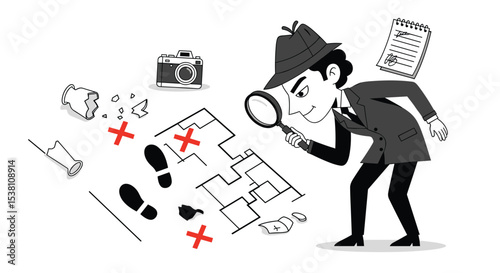 Detective Investigating Clues and Solving a Mystery with a Magnifying Glass Tool