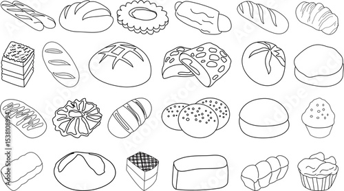 Vector set of bakery products including bread, pastries, and cakes, perfect for food packaging, menu design, and culinary branding in vintage or minimal styles.