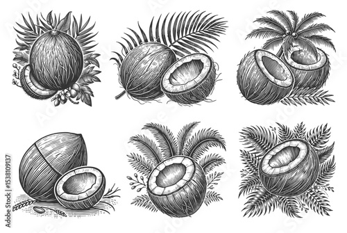 coconut, whole and halved, surrounded by tropical leaves and flowers Set collection bundle sketch engraving generative ai vector illustration. Scratch board imitation. Black and white image.