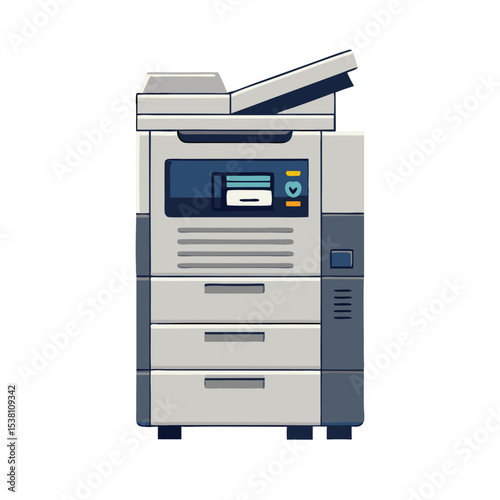 A modern office multifunction printer/copier machine with a gray and blue color scheme, featuring a digital display screen, paper trays, and a document feeder on top.