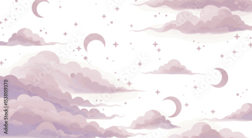 Watercolor sky Border with clouds, crescent moon, and scattered stars in pastel colors. Illustration of seamless Pattern for baby shower greeting cards or childish invitations. Frame for nursery. 