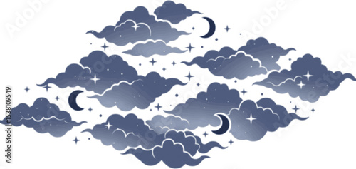Watercolor sky Border with clouds, crescent moon, and scattered stars in pastel colors. Illustration of seamless Pattern for baby shower greeting cards or childish invitations. Frame for nursery. 