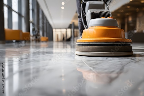 Professional floor cleaning machine with yellow scrubbing pad polishing a shiny marble floor in a bright, modern interior space