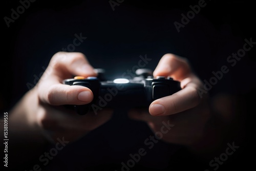 close-up of gamer hands gripping controller with dimly lit background enhancing focus on fingers and highlights