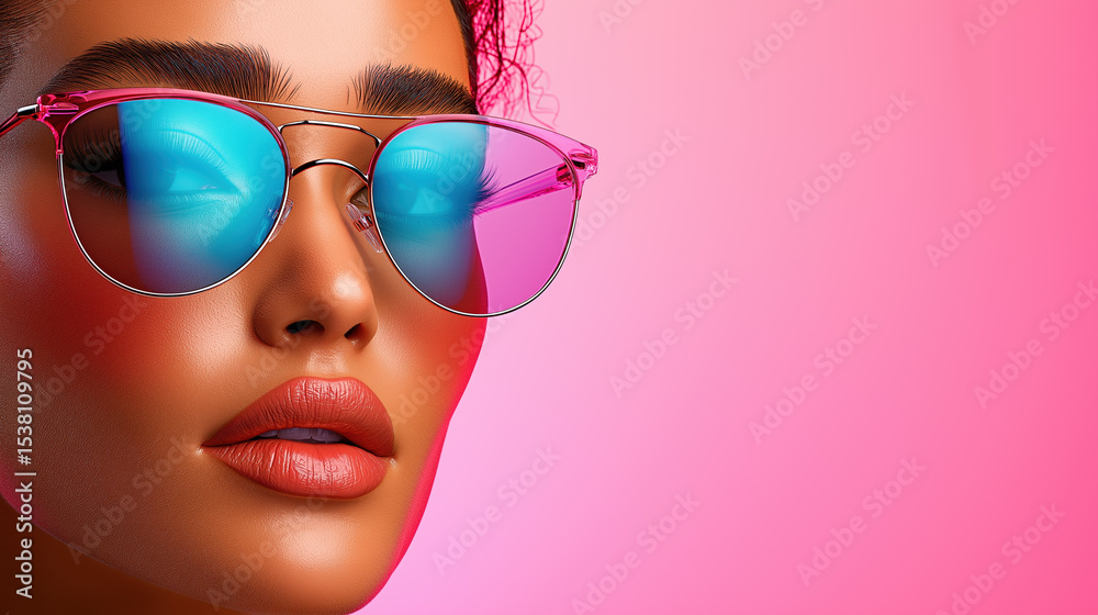 Woman with pink sunglasses on pink background Woman with pink sunglasses on pink background
