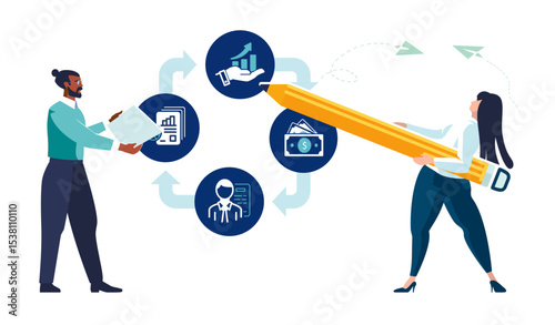 Business. Teamwork, people. African American businessman and European woman with pencil discussing business plan. Business icons, investment growth financing, profitability, banner.Vector illustration
