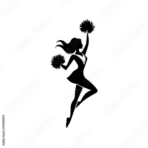 Silhouette of Cheerleader with Pom-Poms in Motion, Energetic cheerleader silhouette holding pom-poms, mid-jump with flowing hair and skirt, symbolizing spirit, performance, and team enthusiasm.

