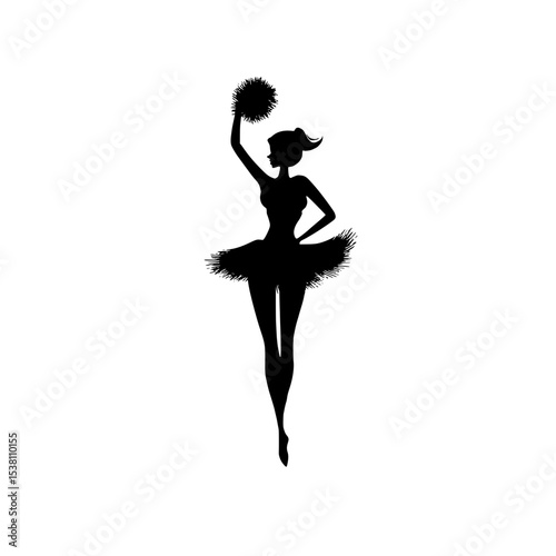 Silhouette of Cheerleader with Pom-Poms in Motion, Energetic cheerleader silhouette holding pom-poms, mid-jump with flowing hair and skirt, symbolizing spirit, performance, and team enthusiasm.

