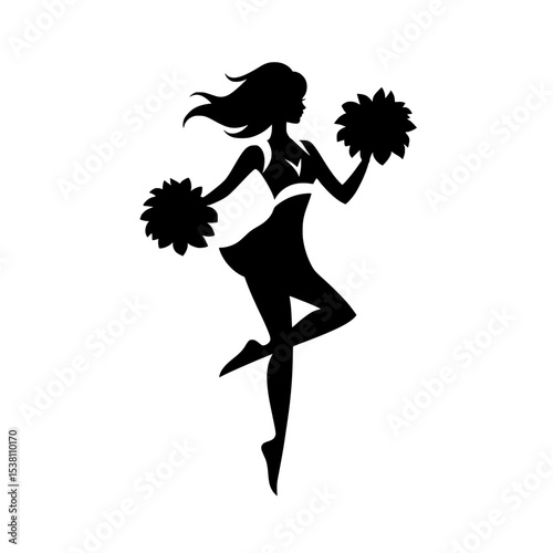 Silhouette of Cheerleader with Pom-Poms in Motion, Energetic cheerleader silhouette holding pom-poms, mid-jump with flowing hair and skirt, symbolizing spirit, performance, and team enthusiasm.

