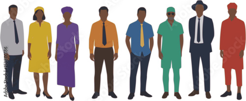 Diverse group of people standing together, representing various cultures, professions, and ages. Stylish individuals in casual and formal outfits, symbolizing unity, inclusivity, and global diversity.