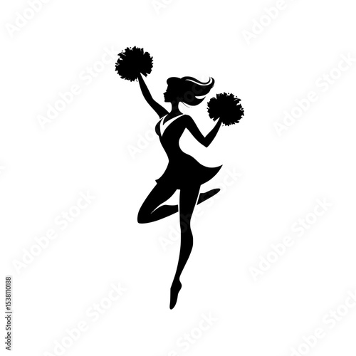 Silhouette of Cheerleader with Pom-Poms in Motion, Energetic cheerleader silhouette holding pom-poms, mid-jump with flowing hair and skirt, symbolizing spirit, performance, and team enthusiasm.

