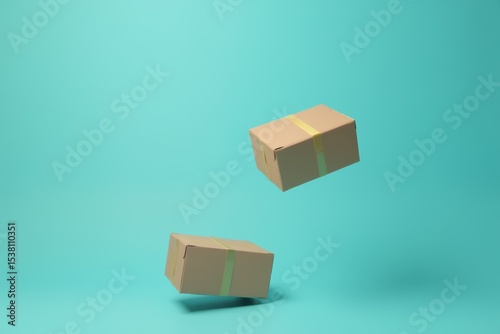 Closed and taped cardboard boxes flying isolated on turquoise blue background