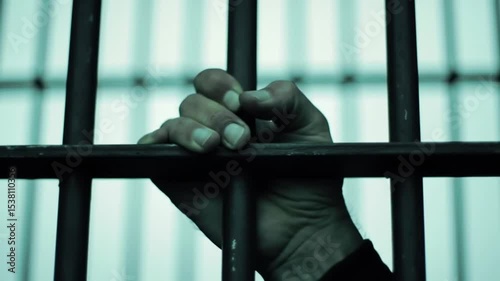 Hand Gripping Metal Jail Bars in Dim Teal Light Representing Confinement and Desperation for Adobe Stock
