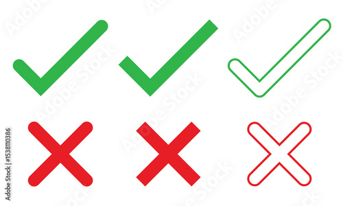 check mark icon button set. check box icon with right and wrong buttons and yes or no checkmark icons in green tick box and red cross. 