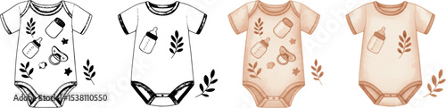 Watercolor illustration of baby bodysuit with pacifier, bottle, rattle, and leaves in soft patel neutral colors. drawing of childish onesie for baby shower invitations or newborn party greeting cards