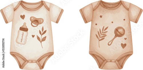 Watercolor illustration of baby bodysuit with pacifier, bottle, rattle, and leaves in soft patel neutral colors. drawing of childish onesie for baby shower invitations or newborn party greeting cards