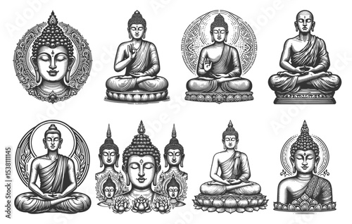 Buddha figures in various meditative and symbolic poses Set collection bundle sketch engraving generative ai vector illustration. Scratch board imitation. Black and white image.