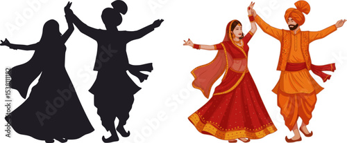  Indian man and woman in traditional dress performing folk dance on Lohri Festival