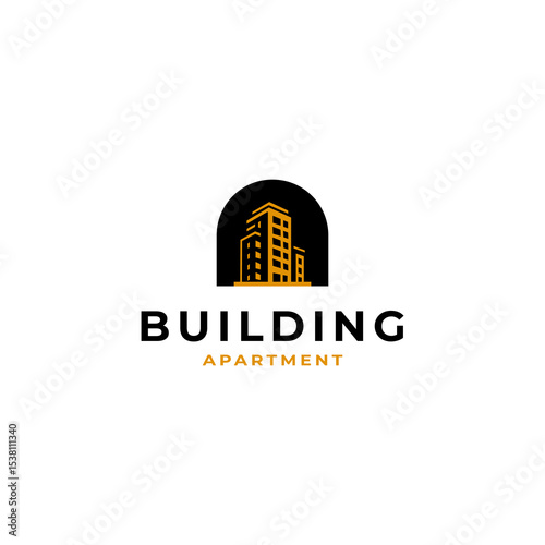 A simple, black and white icon depicting a modern office building in perspective.