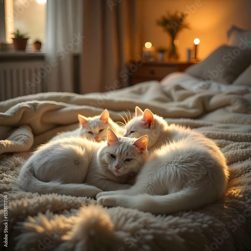 Pack of domestic cats lying on a rug in a cozy home setting, natural window lighting, realistic and sharp photo