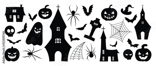 Happy Halloween silhouette element vector set. Collection of ghost, spirit, castle, grave, pumpkin, spider, cobweb, skull, bat. Isolated icon holidays for festival, sticker, card, decorative.