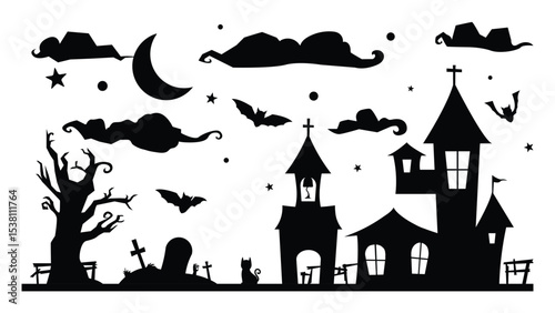 Happy Halloween silhouette element vector set. Collection of castle, grave, tree, bat, cloud, moon. Halloween decor Isolated icon holidays for festival, sticker, card, decorative.